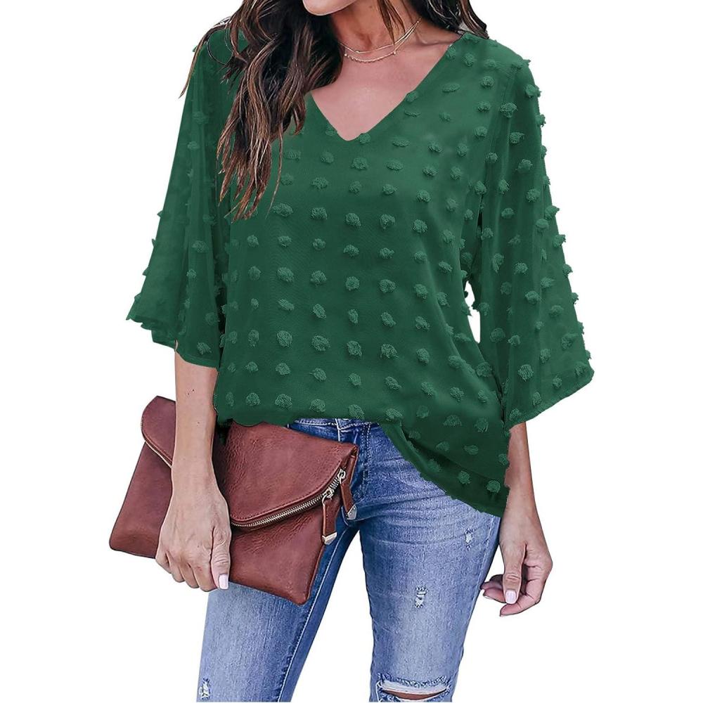 imageLookbookStore Women Blouses and Tops Fashion for Work Cute Tops for Women Trendy Bell Sleeve Tops Casual V Neck 34 Sleeve Pom Pom Shirts Top V Neck Loose Top Textured Shirt Army Green Size XL