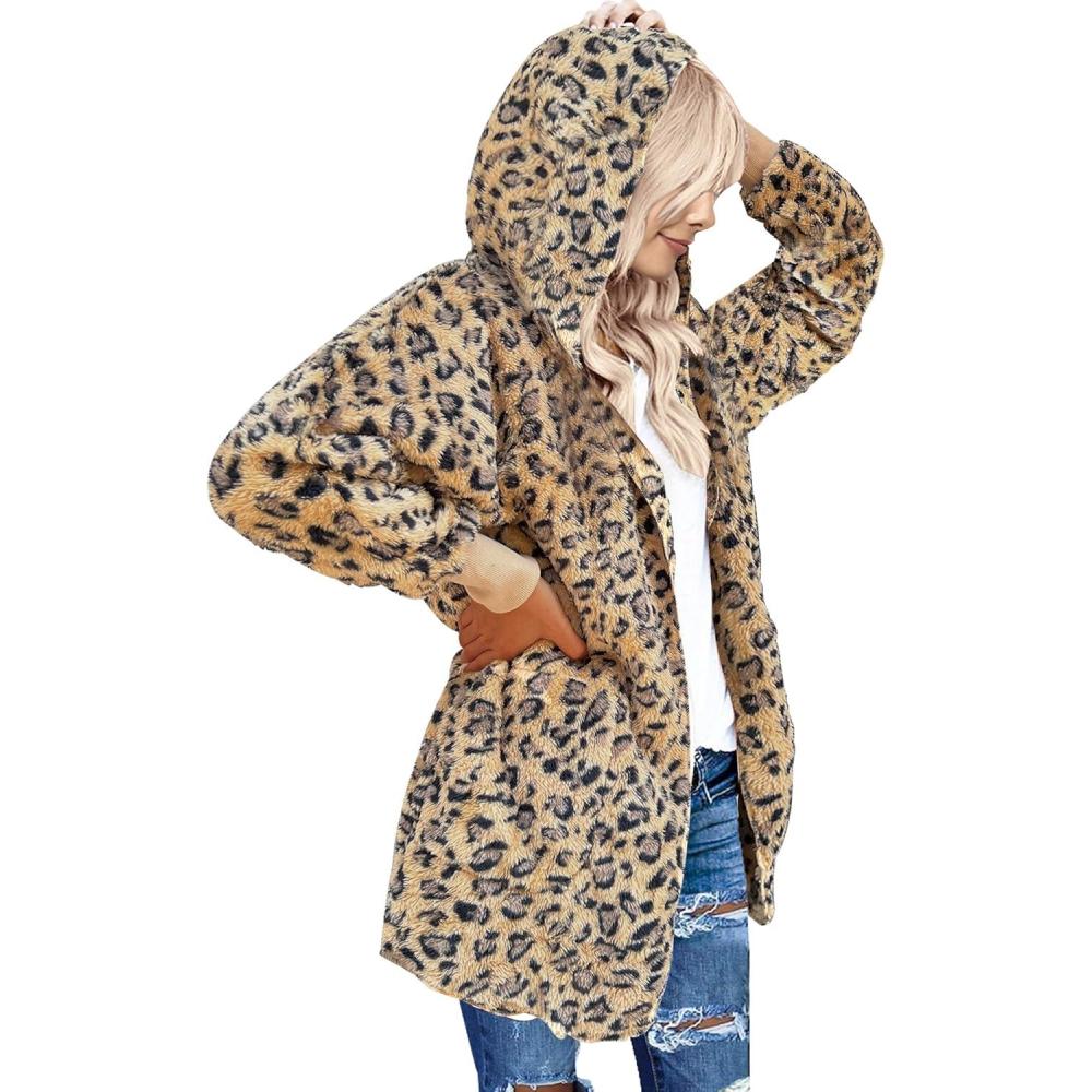 imageLookbookStore Womens Cardigan 2025 Winter Oversized Open Front Fleece Hooded Draped Pockets Jacket CoatsApricot Leopard