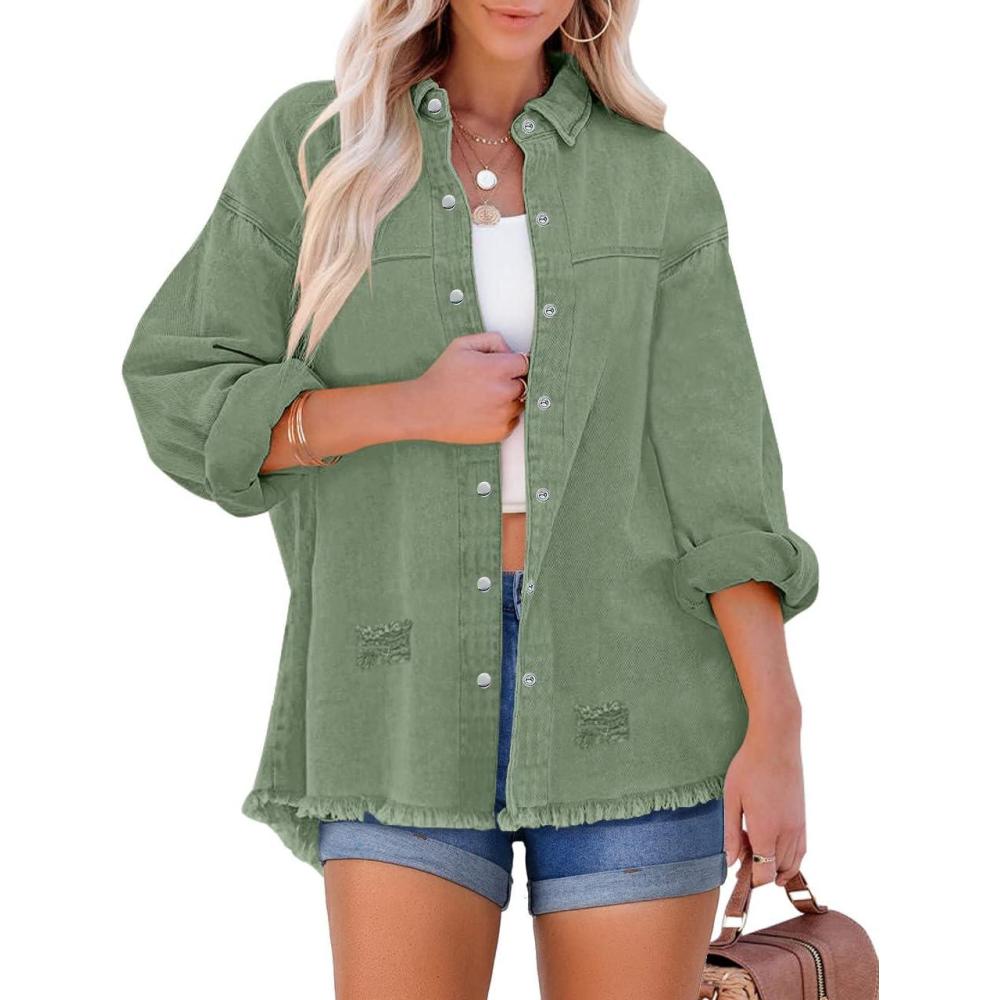 imageLookbookStore Womens Denim Jacket Oversized Button Down Shirts Jean Shacket Distressed Frayed Coat