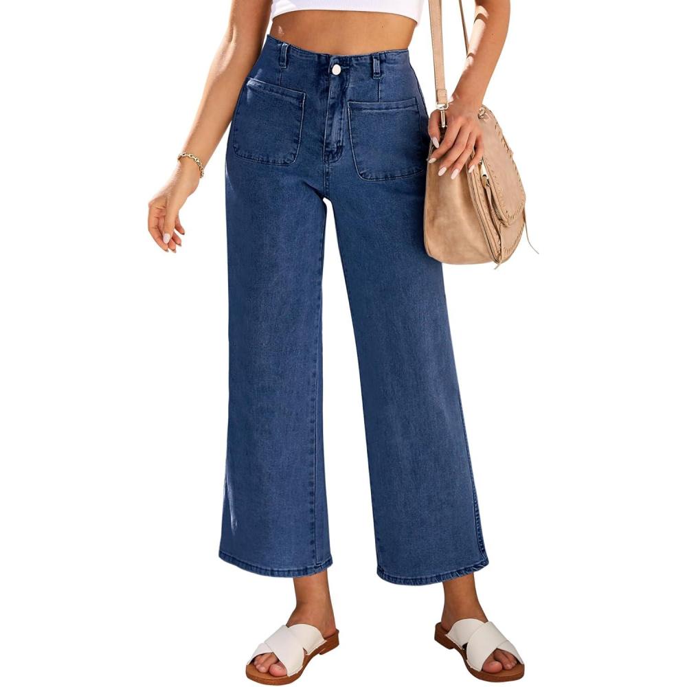 imageLookbookStore Womens Jeans High Waisted Trendy Cropped Wide Leg Baggy Stretchy Denim Jean Pants Pocket Trousers JeansDarkness Blue