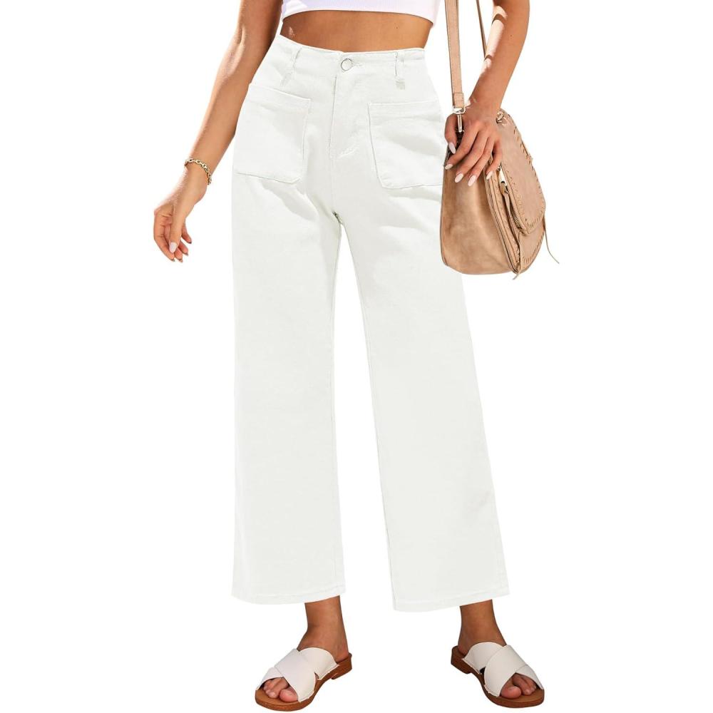 imageLookbookStore Womens Jeans High Waisted Trendy Cropped Wide Leg Baggy Stretchy Denim Jean Pants Pocket Trousers JeansIvory White