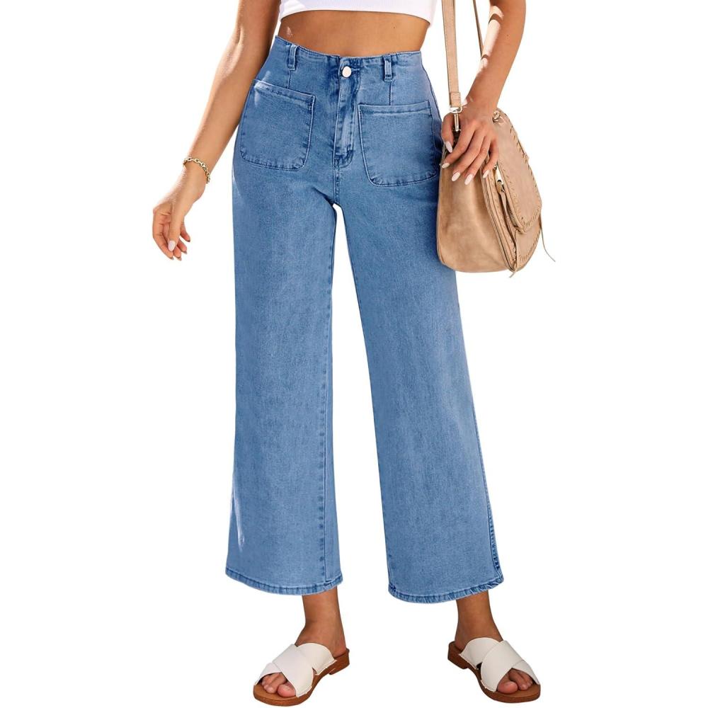 imageLookbookStore Womens Jeans High Waisted Trendy Cropped Wide Leg Baggy Stretchy Denim Jean Pants Pocket Trousers JeansMedium Blue