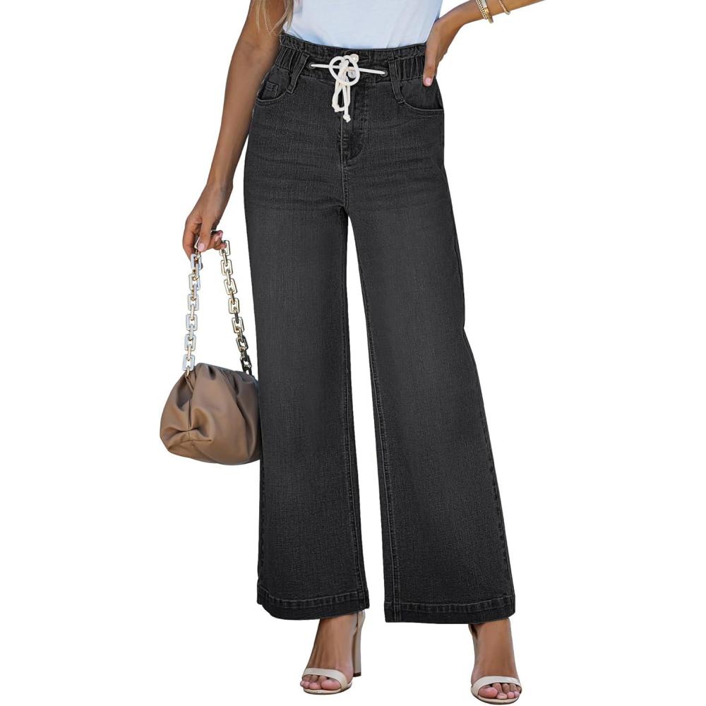 imageLookbookStore Womens Jeans Wide Leg High Waisted Trendy Elastic Wasit Drawstring Stretch Denim Pants Baggy Trouser JeansBlack
