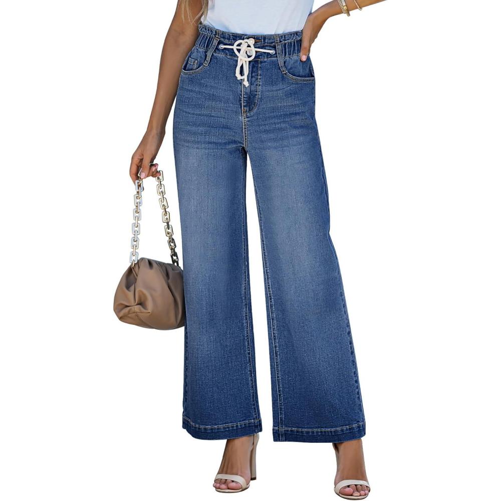 imageLookbookStore Womens Jeans Wide Leg High Waisted Trendy Elastic Wasit Drawstring Stretch Denim Pants Baggy Trouser JeansDarkness Blue
