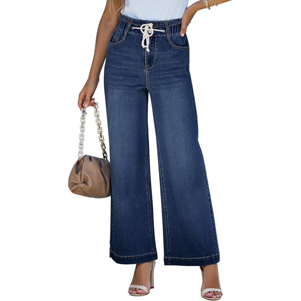 imageLookbookStore Womens Jeans Wide Leg High Waisted Trendy Elastic Wasit Drawstring Stretch Denim Pants Baggy Trouser JeansLapis Loft