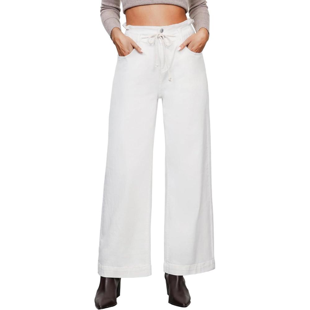 imageLookbookStore Womens Jeans Wide Leg High Waisted Trendy Elastic Wasit Drawstring Stretch Denim Pants Baggy Trouser JeansOffwhite