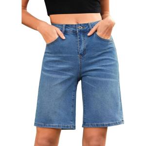 LookbookStore Bermuda Shorts for Women High Waisted Classic Casual Long Jean Shorts Stretchy Denim Jorts with Pockets(Medium Blue)
