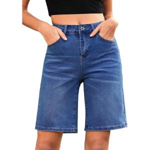 LookbookStore Bermuda Shorts for Women High Waisted Classic Casual Long Jean Shorts Stretchy Denim Jorts with Pockets(Nightfall Blue)