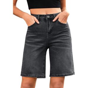 LookbookStore Bermuda Shorts for Women High Waisted Classic Casual Long Jean Shorts Stretchy Denim Jorts with Pockets(Washed Black)