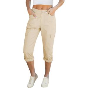 LookbookStore Capri Pants for Women High Waisted Cargo Casual Elastic Waist Rolled Hem Summer Capris Pants with Pockets(Beige)