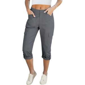 LookbookStore Capri Pants for Women High Waisted Cargo Casual Elastic Waist Rolled Hem Summer Capris Pants with Pockets(Dark Gray)