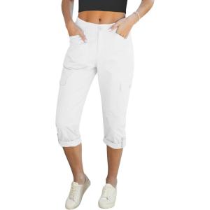 LookbookStore Capri Pants for Women High Waisted Cargo Casual Elastic Waist Rolled Hem Summer Capris Pants with Pockets(Ivory White)