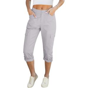 LookbookStore Capri Pants for Women High Waisted Cargo Casual Elastic Waist Rolled Hem Summer Capris Pants with Pockets(Light Gray)