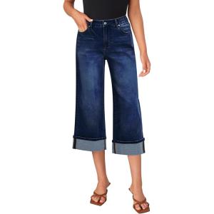 LookbookStore Capris Jeans for Women Wide Leg High Waisted Casual Summer Roll Hem Cropped Stretch Denim Jean Capri Pants(Dark Blue)