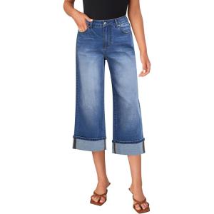 LookbookStore Capris Jeans for Women Wide Leg High Waisted Casual Summer Roll Hem Cropped Stretch Denim Jean Capri Pants(Medium Blue)