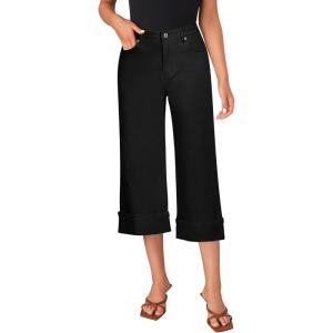 LookbookStore Capris Jeans for Women Wide Leg High Waisted Casual Summer Roll Hem Cropped Stretch Denim Jean Capri Pants(True Black)