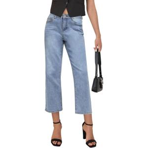 LookbookStore Cropped Jeans for Women High Waisted 90s Baggy Straight Stretchy Denim Pants Trendy Jeans with Pockets(Lakeside Blue)