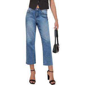 LookbookStore Cropped Jeans for Women High Waisted 90s Baggy Straight Stretchy Denim Pants Trendy Jeans with Pockets(Medium Blue)