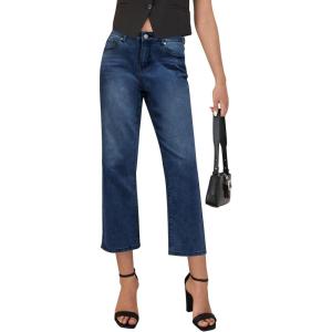 LookbookStore Cropped Jeans for Women High Waisted 90s Baggy Straight Stretchy Denim Pants Trendy Jeans with Pockets(Nightfall Blue)