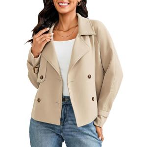 LookbookStore Cropped Trench Coat for Women Double Breasted Long Sleeve Work Office Business Casual Fall Short Jackets(Beige)