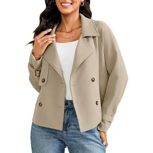 LookbookStore Cropped Trench Coat for Women Double Breasted Long Sleeve Work Office Business Casual Fall Short Jackets(Light Taupe)