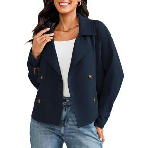 LookbookStore Cropped Trench Coat for Women Double Breasted Long Sleeve Work Office Business Casual Fall Short Jackets(Navy Blue)