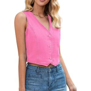 LookbookStore Denim Vest for Women Trendy Sleeveless Cropped Stretchy Jean Vests Top Summer Casual Button Wasitcoat Tops(Azalea Pink)