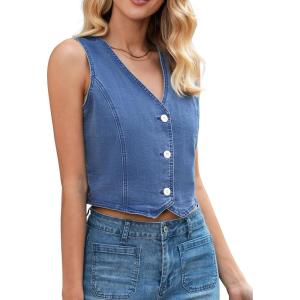 LookbookStore Denim Vest for Women Trendy Sleeveless Cropped Stretchy Jean Vests Top Summer Casual Button Wasitcoat Tops(Classic Blue)