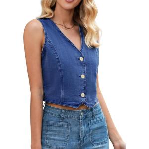 LookbookStore Denim Vest for Women Trendy Sleeveless Cropped Stretchy Jean Vests Top Summer Casual Button Wasitcoat Tops(Dark Blue)