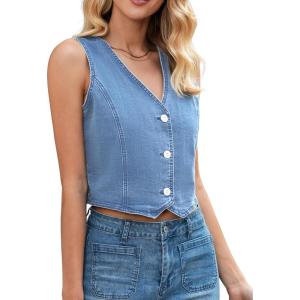 LookbookStore Denim Vest for Women Trendy Sleeveless Cropped Stretchy Jean Vests Top Summer Casual Button Wasitcoat Tops(Medium Blue)