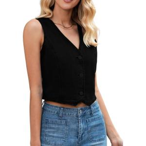 LookbookStore Denim Vest for Women Trendy Sleeveless Cropped Stretchy Jean Vests Top Summer Casual Button Wasitcoat Tops(Soft Black)