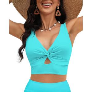 LookbookStore Tankini Tops for Women Cut Out Long Bikini Top Twist Knot Padded Adjustable Swimsuit Tops Only Resort Wear(Aqua Blue)