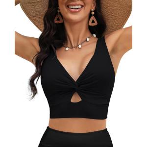 LookbookStore Tankini Tops for Women Cut Out Long Bikini Top Twist Knot Padded Adjustable Swimsuit Tops Only Resort Wear(Black)