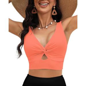 LookbookStore Tankini Tops for Women Cut Out Long Bikini Top Twist Knot Padded Adjustable Swimsuit Tops Only Resort Wear(Camellia)
