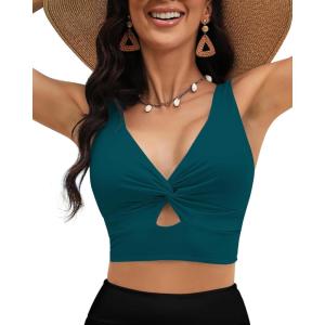 LookbookStore Tankini Tops for Women Cut Out Long Bikini Top Twist Knot Padded Adjustable Swimsuit Tops Only Resort Wear(Dark Lake Green)