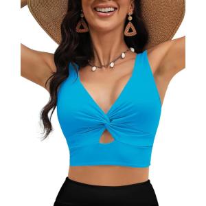 LookbookStore Tankini Tops for Women Cut Out Long Bikini Top Twist Knot Padded Adjustable Swimsuit Tops Only Resort Wear(Hawaiian Ocean)