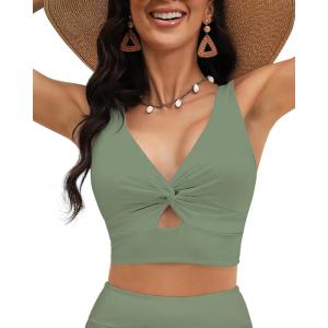 LookbookStore Tankini Tops for Women Cut Out Long Bikini Top Twist Knot Padded Adjustable Swimsuit Tops Only Resort Wear(Iceberg Green)