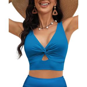 LookbookStore Tankini Tops for Women Cut Out Long Bikini Top Twist Knot Padded Adjustable Swimsuit Tops Only Resort Wear(Mykonos Blue)