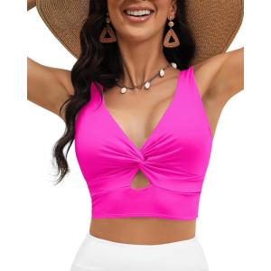 LookbookStore Tankini Tops for Women Cut Out Long Bikini Top Twist Knot Padded Adjustable Swimsuit Tops Only Resort Wear(Neon Pink)