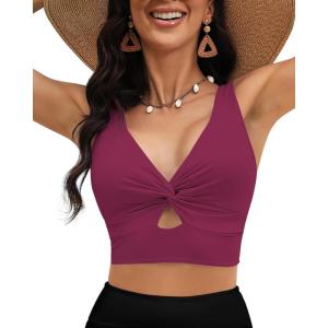 LookbookStore Tankini Tops for Women Cut Out Long Bikini Top Twist Knot Padded Adjustable Swimsuit Tops Only Resort Wear(Plum)