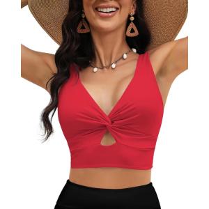 LookbookStore Tankini Tops for Women Cut Out Long Bikini Top Twist Knot Padded Adjustable Swimsuit Tops Only Resort Wear(Red)