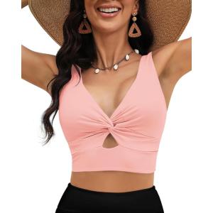 LookbookStore Tankini Tops for Women Cut Out Long Bikini Top Twist Knot Padded Adjustable Swimsuit Tops Only Resort Wear(Sealshell Pink)