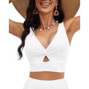 LookbookStore Tankini Tops for Women Cut Out Long Bikini Top Twist Knot Padded Adjustable Swimsuit Tops Only Resort Wear(White)