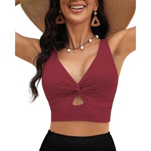 LookbookStore Tankini Tops for Women Cut Out Long Bikini Top Twist Knot Padded Adjustable Swimsuit Tops Only Resort Wear(Wine Red)