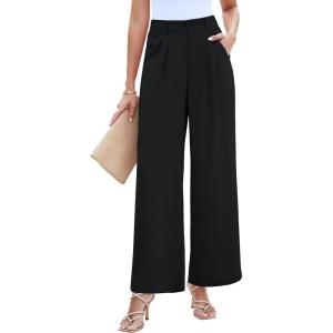 LookbookStore Wide Leg Dress Pants Woman High Waisted Business Casual Pleated Trousers Pants Loose Fit Elastic Waist(Black)