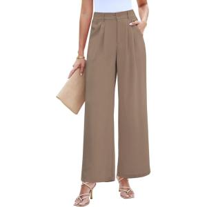 LookbookStore Wide Leg Dress Pants Woman High Waisted Business Casual Pleated Trousers Pants Loose Fit Elastic Waist(Khaki)