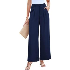 LookbookStore Wide Leg Dress Pants Woman High Waisted Business Casual Pleated Trousers Pants Loose Fit Elastic Waist(Navy Blue)