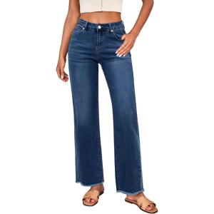LookbookStore Wide Leg Jeans for Women Trendy High Waisted Straight Leg Frayed Hem Baggy Stretchy Denim Trousers Pants(Dark Blue)