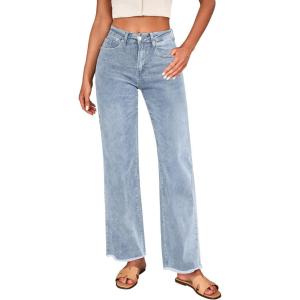 LookbookStore Wide Leg Jeans for Women Trendy High Waisted Straight Leg Frayed Hem Baggy Stretchy Denim Trousers Pants(Ice Blue)