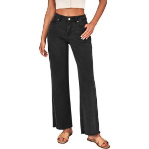 LookbookStore Wide Leg Jeans for Women Trendy High Waisted Straight Leg Frayed Hem Baggy Stretchy Denim Trousers Pants(Washed Black)